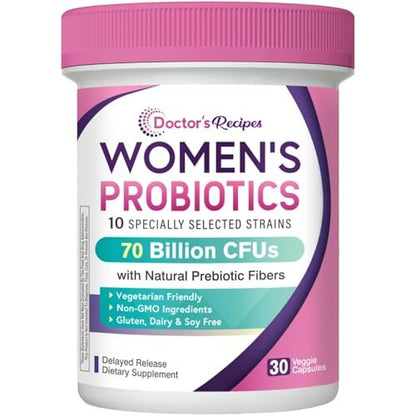 Doctor's Recipes Probiotika für Frauen, Organische Präbiotika und Probiotika, 70 Milliarden KBE, 10 Stämme, Lagerstabil, 30 Kapseln