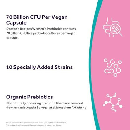 Doctor's Recipes Probiotika für Frauen, Organische Präbiotika und Probiotika, 70 Milliarden KBE, 10 Stämme, Lagerstabil, 30 Kapseln