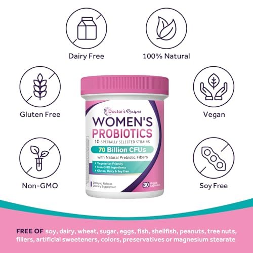 Doctor's Recipes Probiotika für Frauen, Organische Präbiotika und Probiotika, 70 Milliarden KBE, 10 Stämme, Lagerstabil, 30 Kapseln