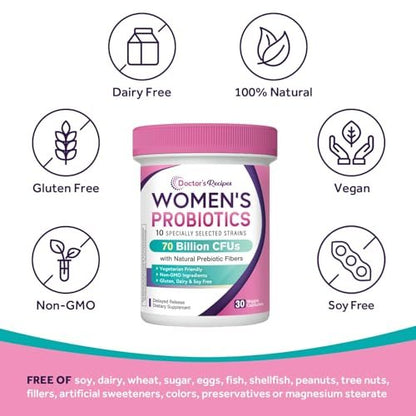 Doctor's Recipes Probiotika für Frauen, Organische Präbiotika und Probiotika, 70 Milliarden KBE, 10 Stämme, Lagerstabil, 30 Kapseln