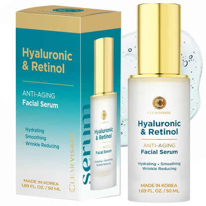 Clear Visage Hyaluronsäure-Serum mit Retinol für das Gesicht – Dermatologisch getestet, Anti-Aging koreanische Hautpflege – Tiefenfeuchtigkeit, Hautstraffung, Faltenunterstützung – Vegan, Clean Beauty – 1,69 Fl Oz