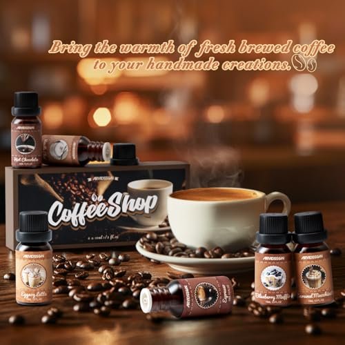 ARVIDSSON Kaffeduft-Öl-Set, Premium ätherische Öle für Diffuser – Espresso, Vanille Chai, Heiße Schokolade, Blaubeer-Muffin, Eierlikör-Latte, Karamell-Macchiato – Kaffeeladen-Duftöle