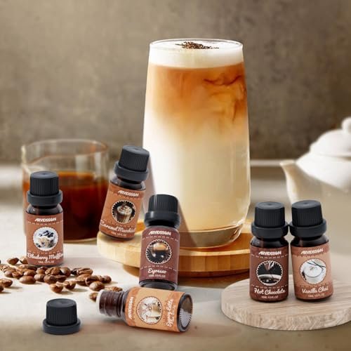 ARVIDSSON Kaffeduft-Öl-Set, Premium ätherische Öle für Diffuser – Espresso, Vanille Chai, Heiße Schokolade, Blaubeer-Muffin, Eierlikör-Latte, Karamell-Macchiato – Kaffeeladen-Duftöle