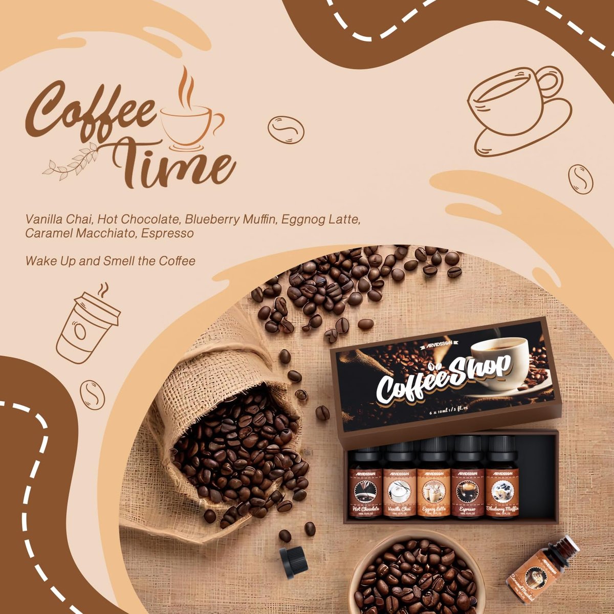 ARVIDSSON Kaffeduft-Öl-Set, Premium ätherische Öle für Diffuser – Espresso, Vanille Chai, Heiße Schokolade, Blaubeer-Muffin, Eierlikör-Latte, Karamell-Macchiato – Kaffeeladen-Duftöle