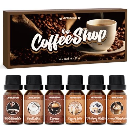 ARVIDSSON Kaffeduft-Öl-Set, Premium ätherische Öle für Diffuser – Espresso, Vanille Chai, Heiße Schokolade, Blaubeer-Muffin, Eierlikör-Latte, Karamell-Macchiato – Kaffeeladen-Duftöle