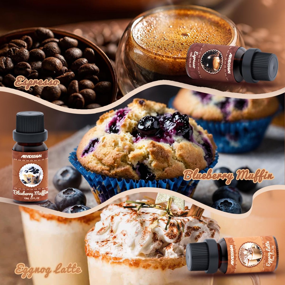 ARVIDSSON Kaffeduft-Öl-Set, Premium ätherische Öle für Diffuser – Espresso, Vanille Chai, Heiße Schokolade, Blaubeer-Muffin, Eierlikör-Latte, Karamell-Macchiato – Kaffeeladen-Duftöle