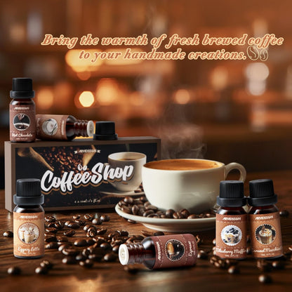ARVIDSSON Kaffeduft-Öl-Set, Premium ätherische Öle für Diffuser – Espresso, Vanille Chai, Heiße Schokolade, Blaubeer-Muffin, Eierlikör-Latte, Karamell-Macchiato – Kaffeeladen-Duftöle