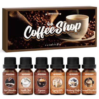 ARVIDSSON Kaffeduft-Öl-Set, Premium ätherische Öle für Diffuser – Espresso, Vanille Chai, Heiße Schokolade, Blaubeer-Muffin, Eierlikör-Latte, Karamell-Macchiato – Kaffeeladen-Duftöle
