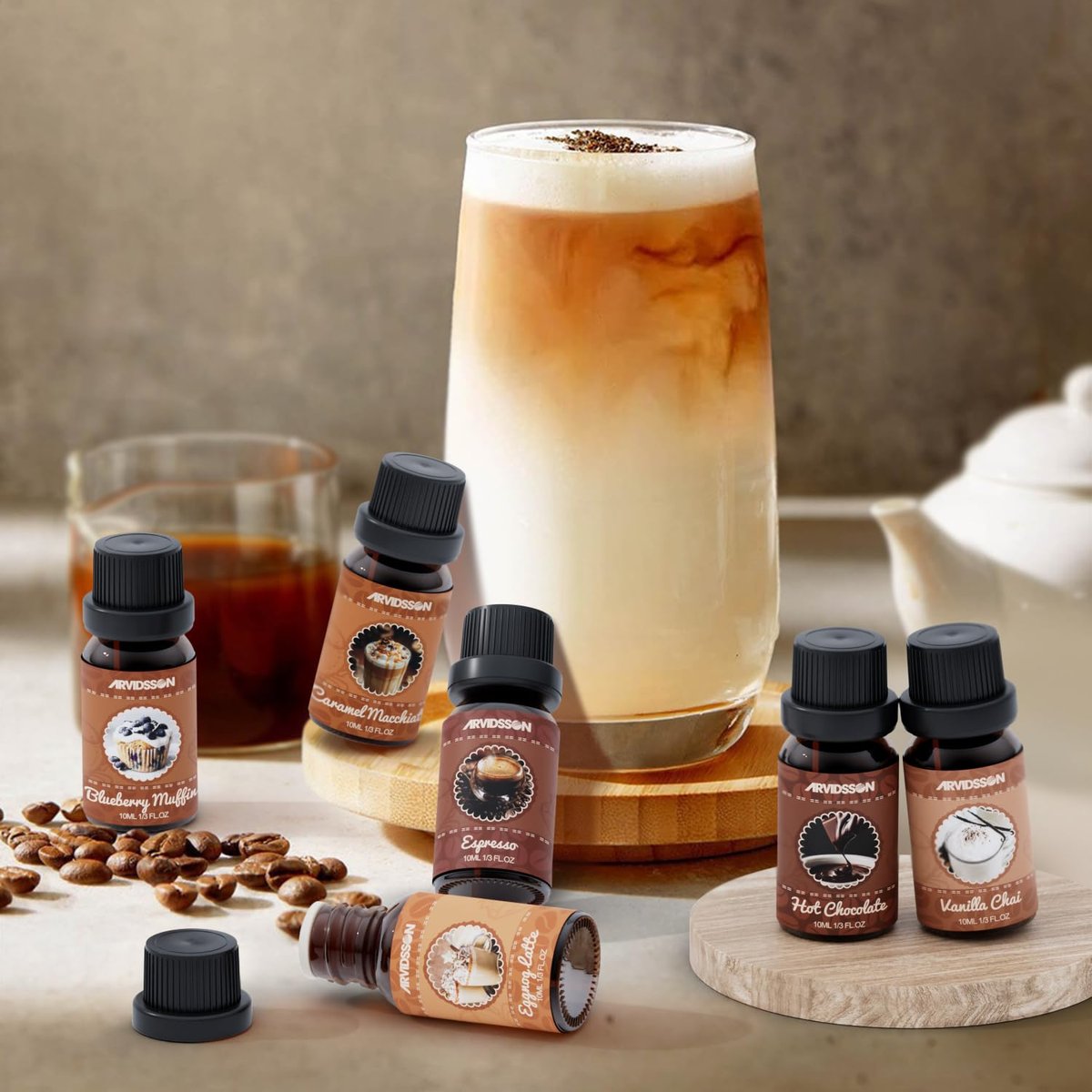 ARVIDSSON Kaffeduft-Öl-Set, Premium ätherische Öle für Diffuser – Espresso, Vanille Chai, Heiße Schokolade, Blaubeer-Muffin, Eierlikör-Latte, Karamell-Macchiato – Kaffeeladen-Duftöle