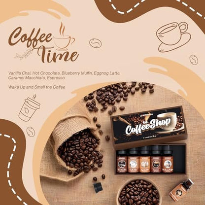ARVIDSSON Kaffeduft-Öl-Set, Premium ätherische Öle für Diffuser – Espresso, Vanille Chai, Heiße Schokolade, Blaubeer-Muffin, Eierlikör-Latte, Karamell-Macchiato – Kaffeeladen-Duftöle