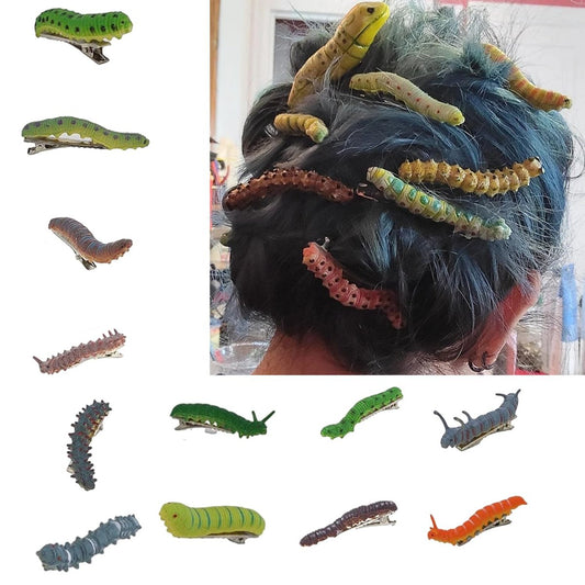 12 Halloween-Raupen-Haarspangen – Handbemalte Reptilien-Haarspangen, 3D-Bug-Clips für gruselige Mottopartys (12er-Pack)