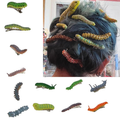 12 Halloween-Raupen-Haarspangen – Handbemalte Reptilien-Haarspangen, 3D-Bug-Clips für gruselige Mottopartys (12er-Pack)