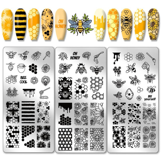 PH PandaHall 3er-Set Honigwaben-Nagelstempelplatten, Frühling Biene Honig Nagelstempel Sonnenblumen-Kunstschablonen aus Edelstahl für Nageldesign Maniküre Salon