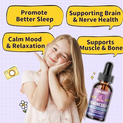 Kids Magnesium Liquid Drops – Magnesiumglycinat für Kinder mit L-Theanin, Omega-3, Vitamin B6, D3 – für Schlaf, Entspannung, Gehirn, Knochen – 60 ml Erdbeergeschmack