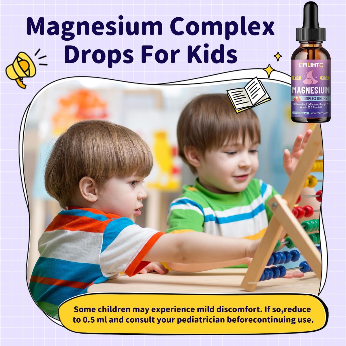 Kids Magnesium Liquid Drops – Magnesiumglycinat für Kinder mit L-Theanin, Omega-3, Vitamin B6, D3 – für Schlaf, Entspannung, Gehirn, Knochen – 60 ml Erdbeergeschmack