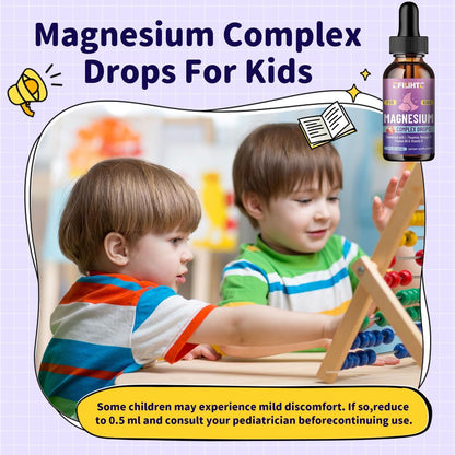 Kids Magnesium Liquid Drops – Magnesiumglycinat für Kinder mit L-Theanin, Omega-3, Vitamin B6, D3 – für Schlaf, Entspannung, Gehirn, Knochen – 60 ml Erdbeergeschmack