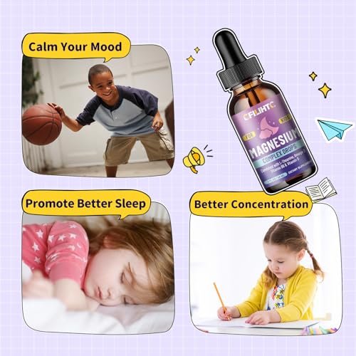 Kids Magnesium Liquid Drops – Magnesiumglycinat für Kinder mit L-Theanin, Omega-3, Vitamin B6, D3 – für Schlaf, Entspannung, Gehirn, Knochen – 60 ml Erdbeergeschmack