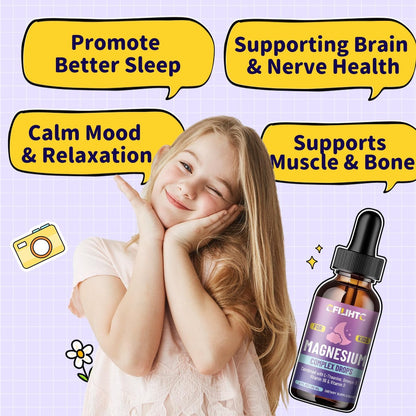 Kids Magnesium Liquid Drops – Magnesiumglycinat für Kinder mit L-Theanin, Omega-3, Vitamin B6, D3 – für Schlaf, Entspannung, Gehirn, Knochen – 60 ml Erdbeergeschmack