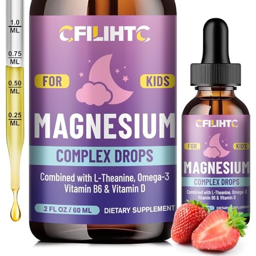 Kids Magnesium Liquid Drops – Magnesiumglycinat für Kinder mit L-Theanin, Omega-3, Vitamin B6, D3 – für Schlaf, Entspannung, Gehirn, Knochen – 60 ml Erdbeergeschmack