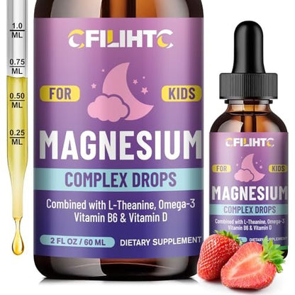 Kids Magnesium Liquid Drops – Magnesiumglycinat für Kinder mit L-Theanin, Omega-3, Vitamin B6, D3 – für Schlaf, Entspannung, Gehirn, Knochen – 60 ml Erdbeergeschmack