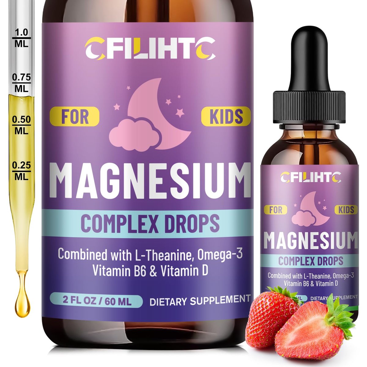 Kids Magnesium Liquid Drops – Magnesiumglycinat für Kinder mit L-Theanin, Omega-3, Vitamin B6, D3 – für Schlaf, Entspannung, Gehirn, Knochen – 60 ml Erdbeergeschmack