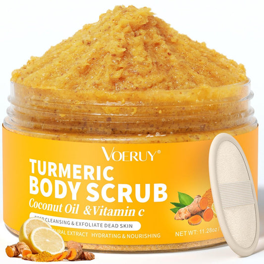 VOERUY Körperpeeling mit Kurkuma, Kokosöl & Vitamin C – Sanftes Peeling für Bikini-Zone, Hände & Füße, Feuchtigkeitsspendend für Frauen & Männer, 320g
