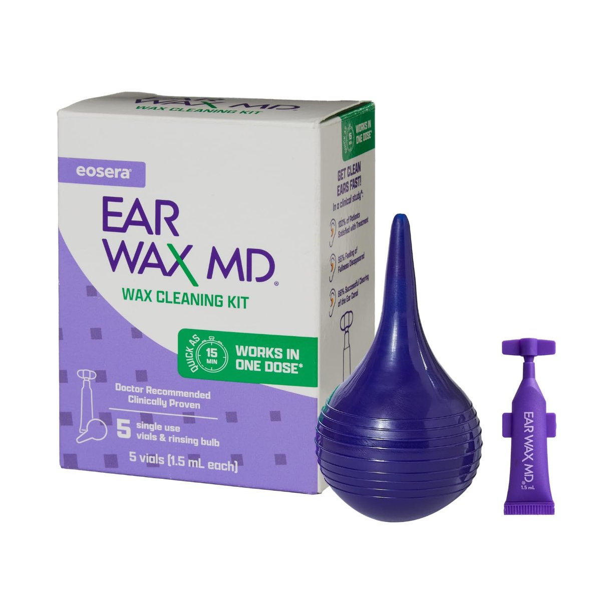 eosera Ear Wax MD Reinigungsset - Schnell wirkende Ohrenschmalz-Auflösungstropfen & Spülbirne - Arztempfohlen, klinisch geprüft - Wirkt in 15 Minuten - 5 Vials