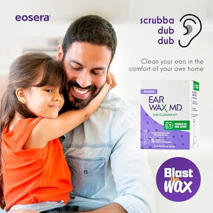 eosera Ear Wax MD Reinigungsset - Schnell wirkende Ohrenschmalz-Auflösungstropfen & Spülbirne - Arztempfohlen, klinisch geprüft - Wirkt in 15 Minuten - 5 Vials