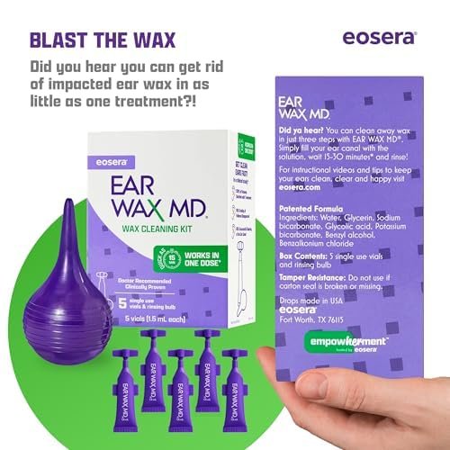 eosera Ear Wax MD Reinigungsset - Schnell wirkende Ohrenschmalz-Auflösungstropfen & Spülbirne - Arztempfohlen, klinisch geprüft - Wirkt in 15 Minuten - 5 Vials