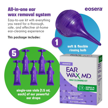 eosera Ear Wax MD Reinigungsset - Schnell wirkende Ohrenschmalz-Auflösungstropfen & Spülbirne - Arztempfohlen, klinisch geprüft - Wirkt in 15 Minuten - 5 Vials