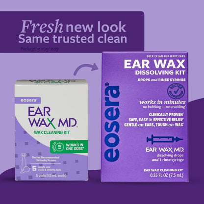 eosera Ear Wax MD Reinigungsset - Schnell wirkende Ohrenschmalz-Auflösungstropfen & Spülbirne - Arztempfohlen, klinisch geprüft - Wirkt in 15 Minuten - 5 Vials