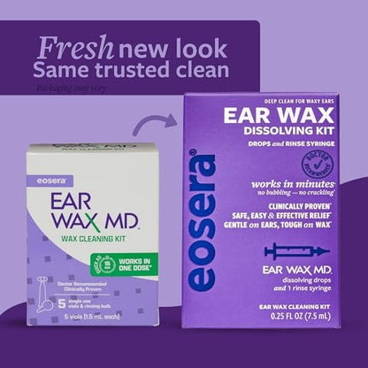 eosera Ear Wax MD Reinigungsset - Schnell wirkende Ohrenschmalz-Auflösungstropfen & Spülbirne - Arztempfohlen, klinisch geprüft - Wirkt in 15 Minuten - 5 Vials
