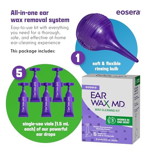 eosera Ear Wax MD Reinigungsset - Schnell wirkende Ohrenschmalz-Auflösungstropfen & Spülbirne - Arztempfohlen, klinisch geprüft - Wirkt in 15 Minuten - 5 Vials