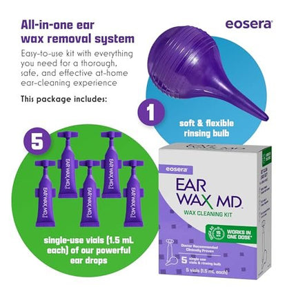 eosera Ear Wax MD Reinigungsset - Schnell wirkende Ohrenschmalz-Auflösungstropfen & Spülbirne - Arztempfohlen, klinisch geprüft - Wirkt in 15 Minuten - 5 Vials