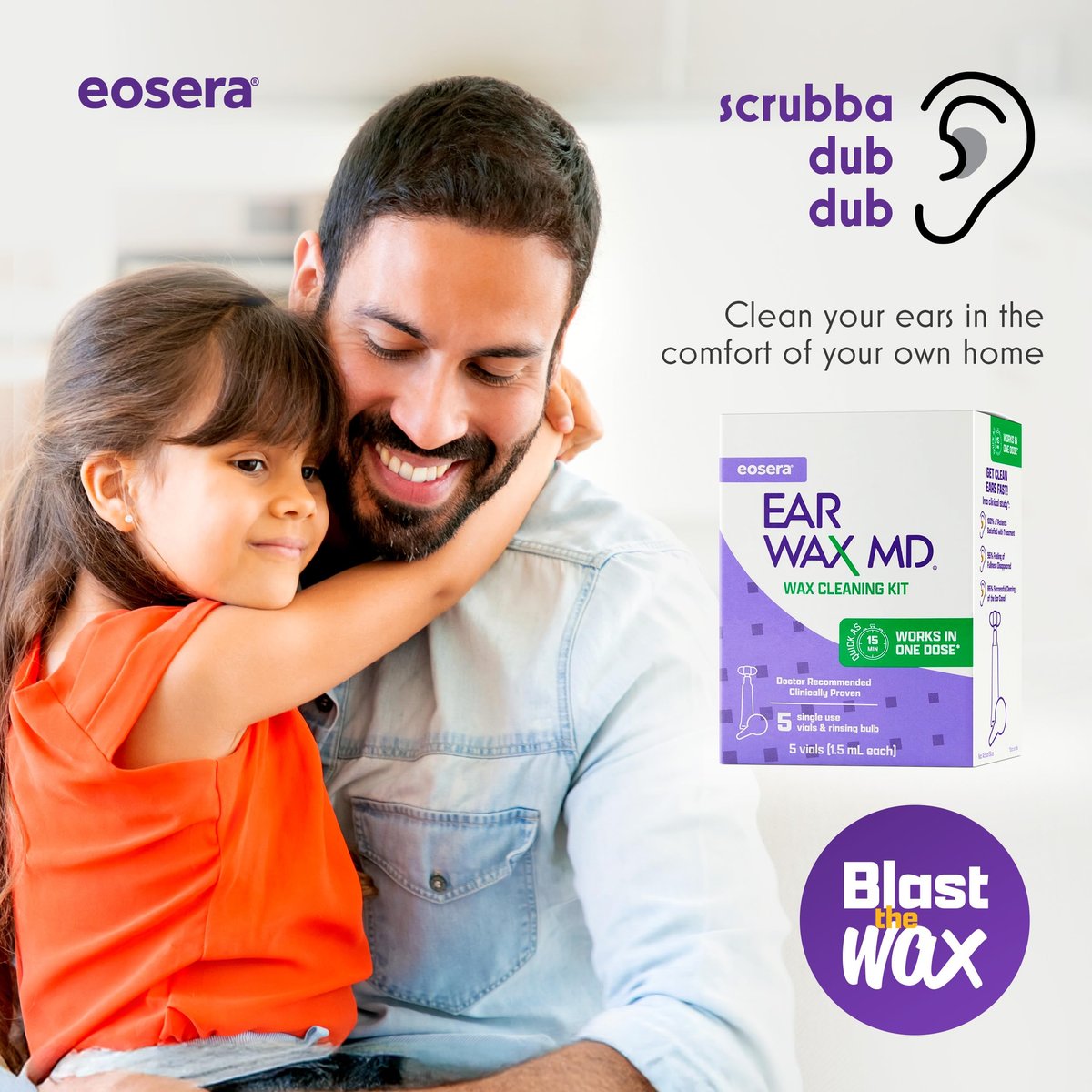 eosera Ear Wax MD Reinigungsset - Schnell wirkende Ohrenschmalz-Auflösungstropfen & Spülbirne - Arztempfohlen, klinisch geprüft - Wirkt in 15 Minuten - 5 Vials