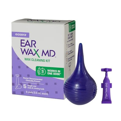eosera Ear Wax MD Reinigungsset - Schnell wirkende Ohrenschmalz-Auflösungstropfen & Spülbirne - Arztempfohlen, klinisch geprüft - Wirkt in 15 Minuten - 5 Vials