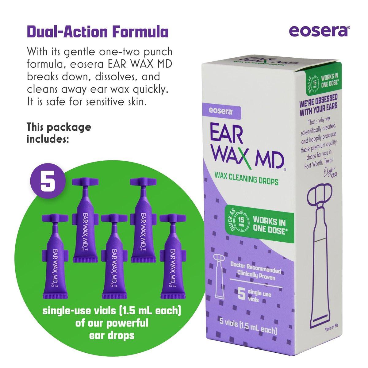 eosera Ear Wax MD Reinigungstropfen - Schnell wirkende Ohrenschmalz-Auflösung - 5 Einzeldosen - Ärztlich empfohlen, klinisch getestet - Wirkt in 15 Minuten