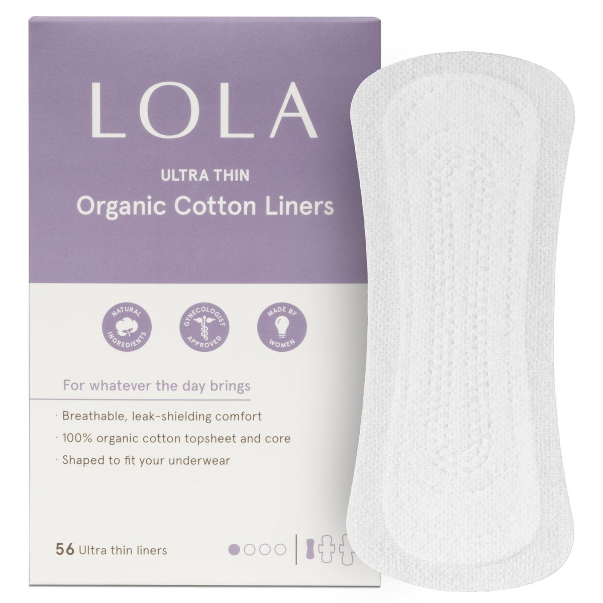 LOLA Ultradünne Baumwoll-Slipeinlagen für Frauen – Hypoallergene Slipeinlagen & tägliche leichte Pads – Unparfümierte Bio-Pads für Frauen – Packung mit 56, 16,5 cm