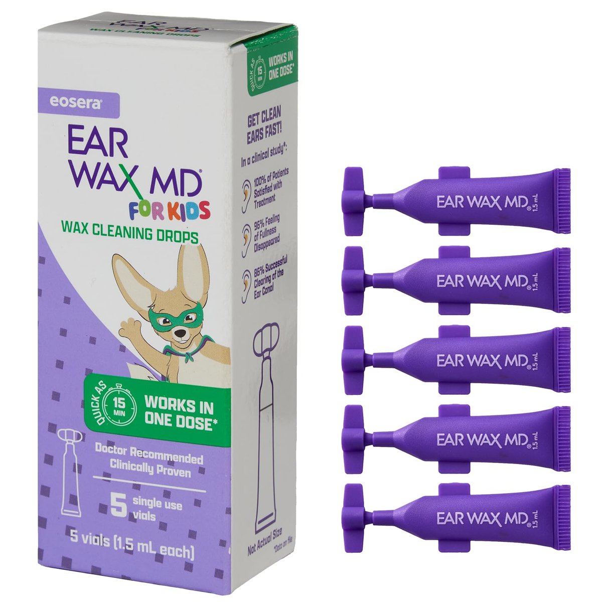 eosera Ear Wax MD für Kinder – Ohrenschmalz-Ohrentropfen, 5 Vials, schnell wirkend, baut Ohrenschmalz ab, klinisch erwiesen, sanft & sicher ab 2 Jahren