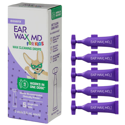 eosera Ear Wax MD für Kinder – Ohrenschmalz-Ohrentropfen, 5 Vials, schnell wirkend, baut Ohrenschmalz ab, klinisch erwiesen, sanft & sicher ab 2 Jahren