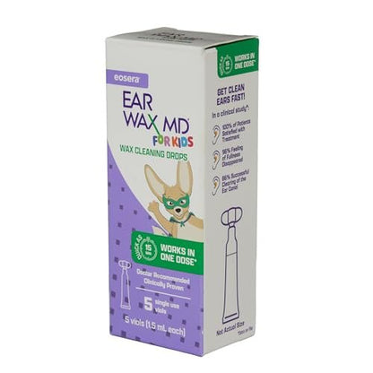 eosera Ear Wax MD für Kinder – Ohrenschmalz-Ohrentropfen, 5 Vials, schnell wirkend, baut Ohrenschmalz ab, klinisch erwiesen, sanft & sicher ab 2 Jahren
