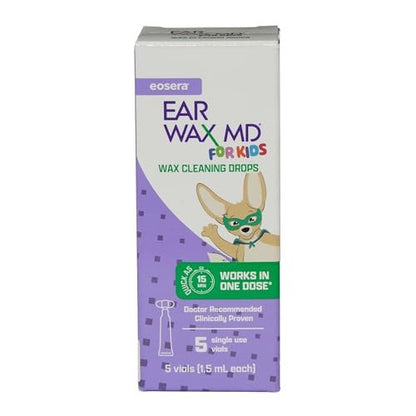 eosera Ear Wax MD für Kinder – Ohrenschmalz-Ohrentropfen, 5 Vials, schnell wirkend, baut Ohrenschmalz ab, klinisch erwiesen, sanft & sicher ab 2 Jahren