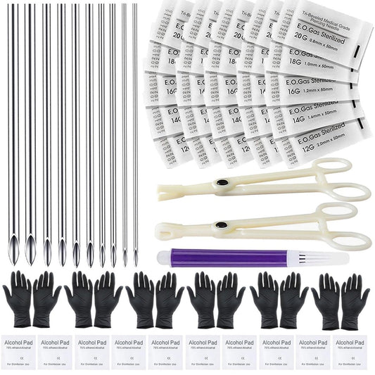 44-teiliges Piercing-Set – Usiriy Piercing-Nadel-Set mit 20G, 18G, 16G, 14G, 12G Piercing-Nadeln, Klemmen für Ohr, Nase, Bauchnabel, Zunge, Augenbrauen – Körperpiercing-Werkzeug-Set