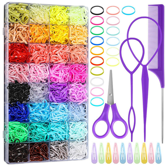 32 Farbige Elastische Haargummis, 1700 Stück Gummibänder mit 14 Styling-Werkzeugen, Haarband-Schneider und Zubehör für Mädchen, Babys, Kleinkinder, Kinder