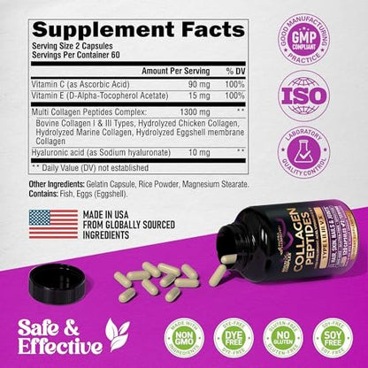 Multi-Kollagen-Peptide 1300 mg – Hydrolysierte Typen I, II, III, V & X mit Hyaluronsäure, Vitamin C & E – 120 Kapseln – Haut, Haare, Nägel & Gelenke – Laborgeprüft