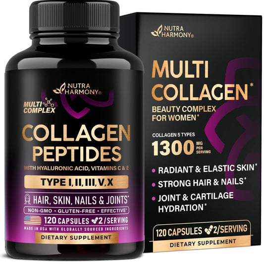 Multi-Kollagen-Peptide 1300 mg – Hydrolysierte Typen I, II, III, V & X mit Hyaluronsäure, Vitamin C & E – 120 Kapseln – Haut, Haare, Nägel & Gelenke – Laborgeprüft