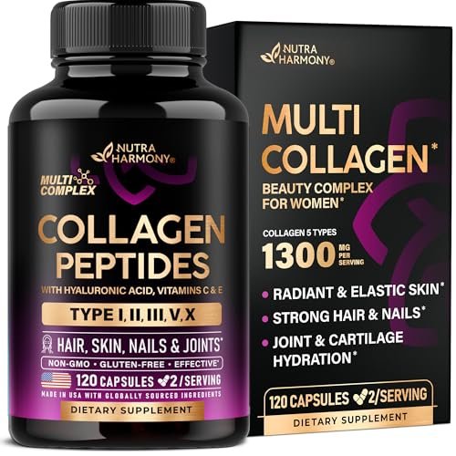Multi-Kollagen-Peptide 1300 mg – Hydrolysierte Typen I, II, III, V & X mit Hyaluronsäure, Vitamin C & E – 120 Kapseln – Haut, Haare, Nägel & Gelenke – Laborgeprüft