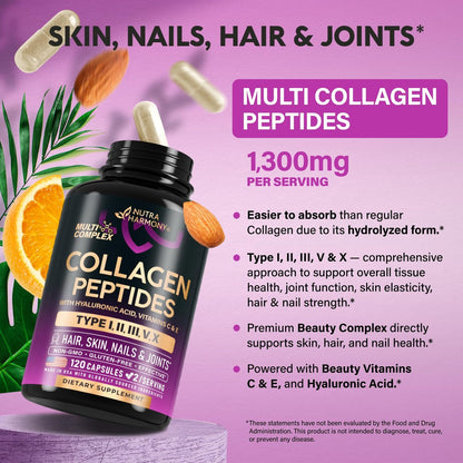 Multi-Kollagen-Peptide 1300 mg – Hydrolysierte Typen I, II, III, V & X mit Hyaluronsäure, Vitamin C & E – 120 Kapseln – Haut, Haare, Nägel & Gelenke – Laborgeprüft
