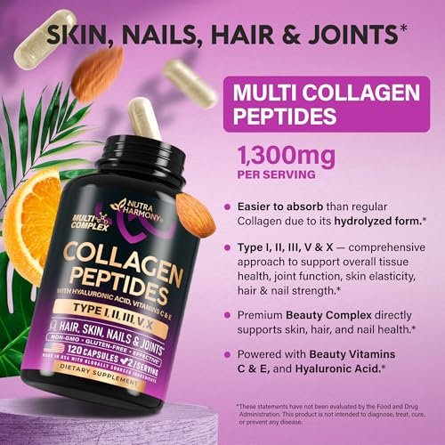 Multi-Kollagen-Peptide 1300 mg – Hydrolysierte Typen I, II, III, V & X mit Hyaluronsäure, Vitamin C & E – 120 Kapseln – Haut, Haare, Nägel & Gelenke – Laborgeprüft