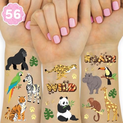 xo, Fetti Gold Folien-Tattoos Dschungeltiere - 56 Stück | Wilde Geburtstags-Accessoire, Safari-Junggesellinnen-Abschiedsgeschenk, Niedliche Zoo-Aktivität für Kinder